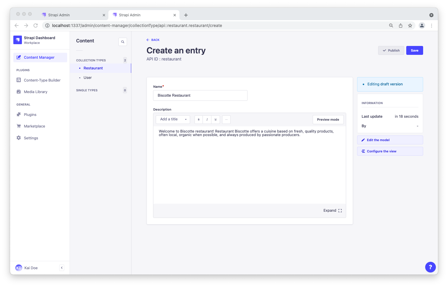 Screenshot: Biscotte Restaurant in Content Manager